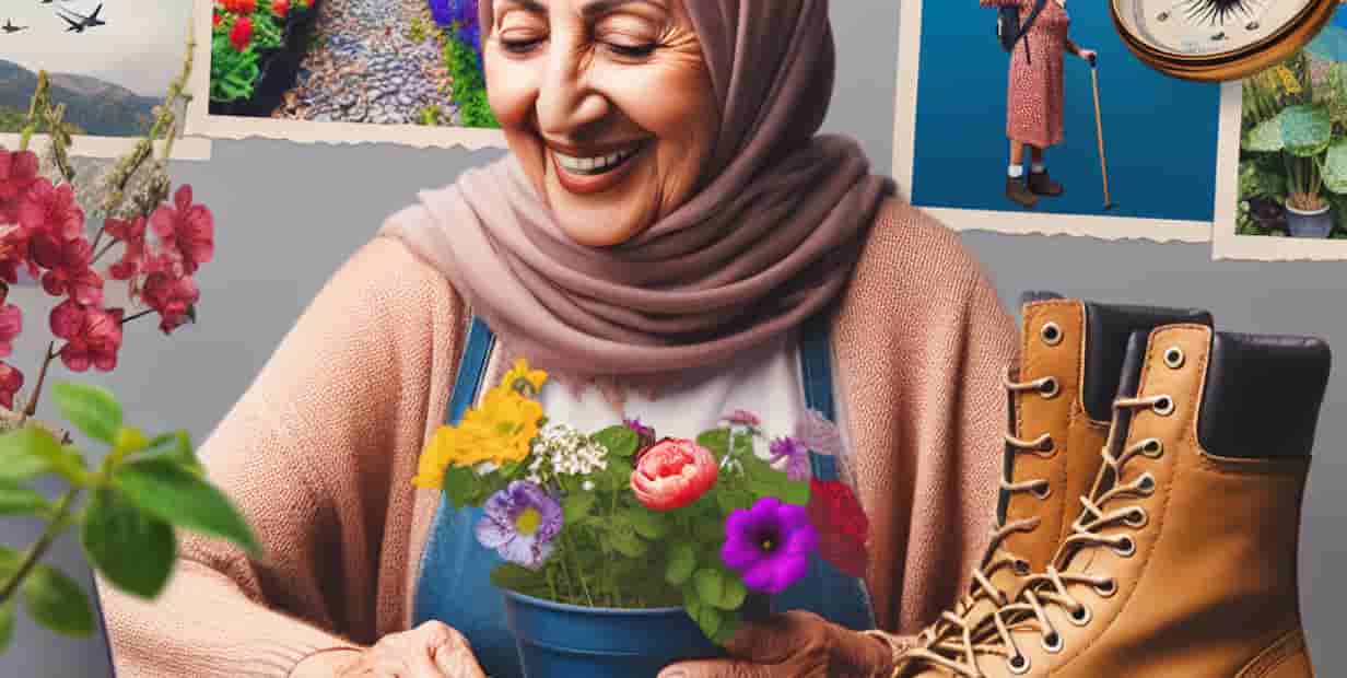 Una anciana del Medio Oriente sonriendo mientras hace jardinería, rodeada de flores coloridas, una brújula antigua y botas de montaña, llamando por video a sus seres queridos en una computadora portátil