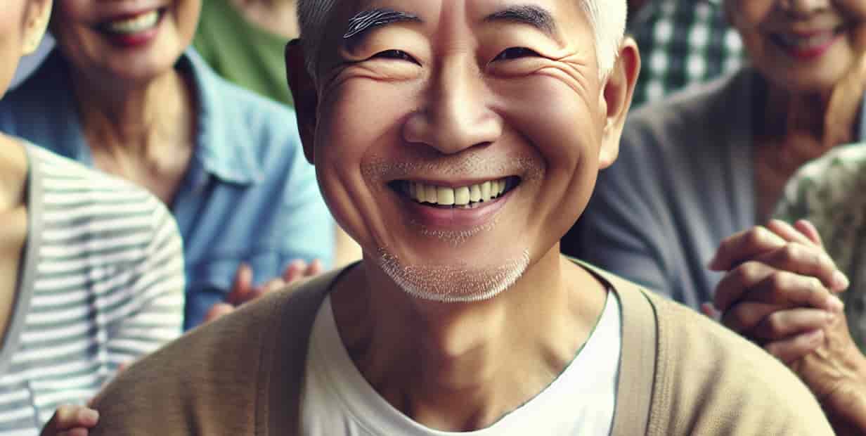 Un grupo diverso de personas de diversas etnias y orígenes se reúne alrededor de un adulto asiático mayor, sonriendo y participando en una actividad comunitaria.