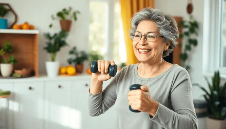 Mujer mayor sonriendo mientras hace ejercicio con pesas ligeras en un hogar luminoso, rodeada de alimentos saludables y plantas.