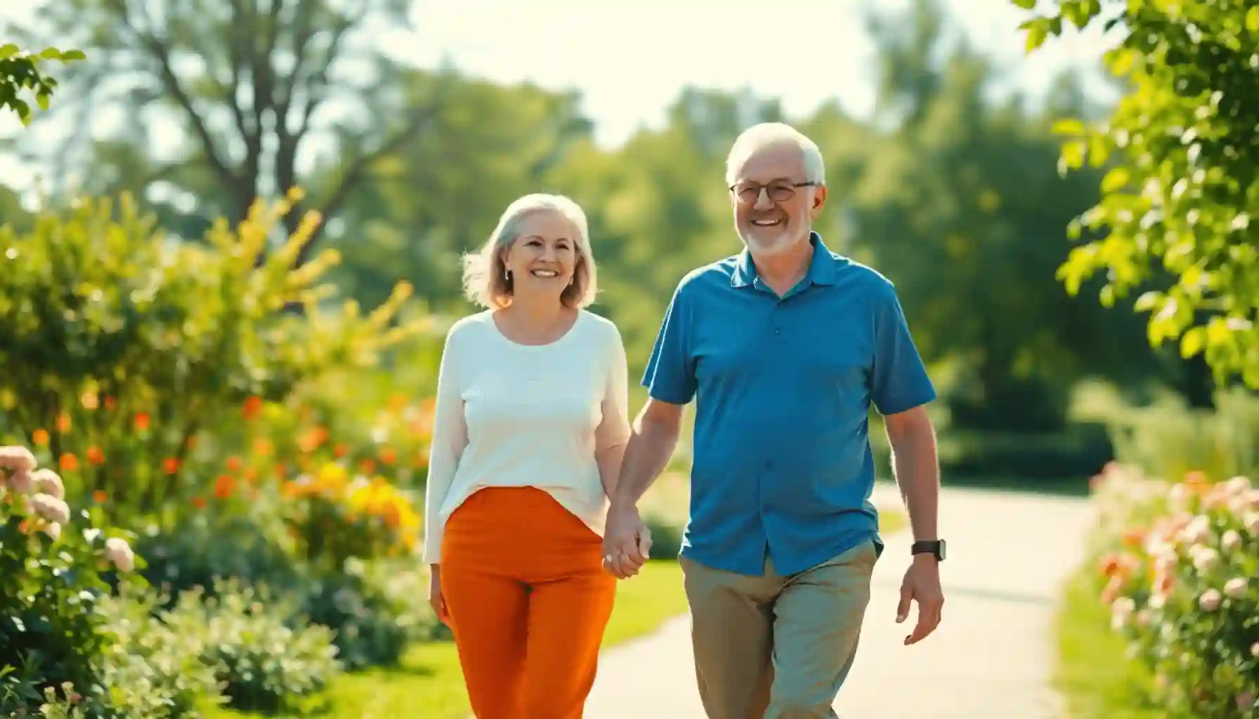 Una pareja de ancianos alegremente caminando de la mano por un parque soleado con exuberante vegetación y flores en flor, sonriendo y activos en un día brillante.