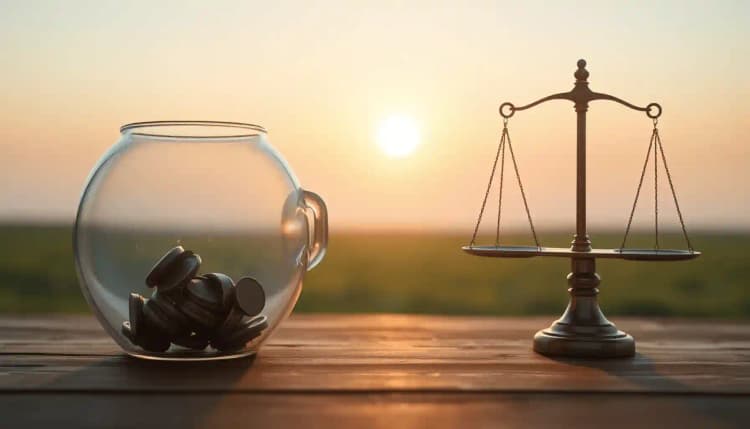 Una hucha de vidrio con monedas, una balanza equilibrada y un camino iluminado por el amanecer que simboliza el equilibrio financiero y un futuro de jubilación seguro.