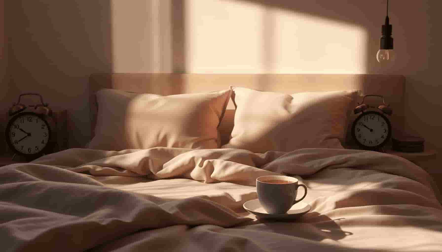 Escena de dormitorio serena con una cama acogedora, almohadas suaves, luz tenue, colores calmantes, un reloj que muestra la hora tardía y una taza de té de hierbas en la mesita.