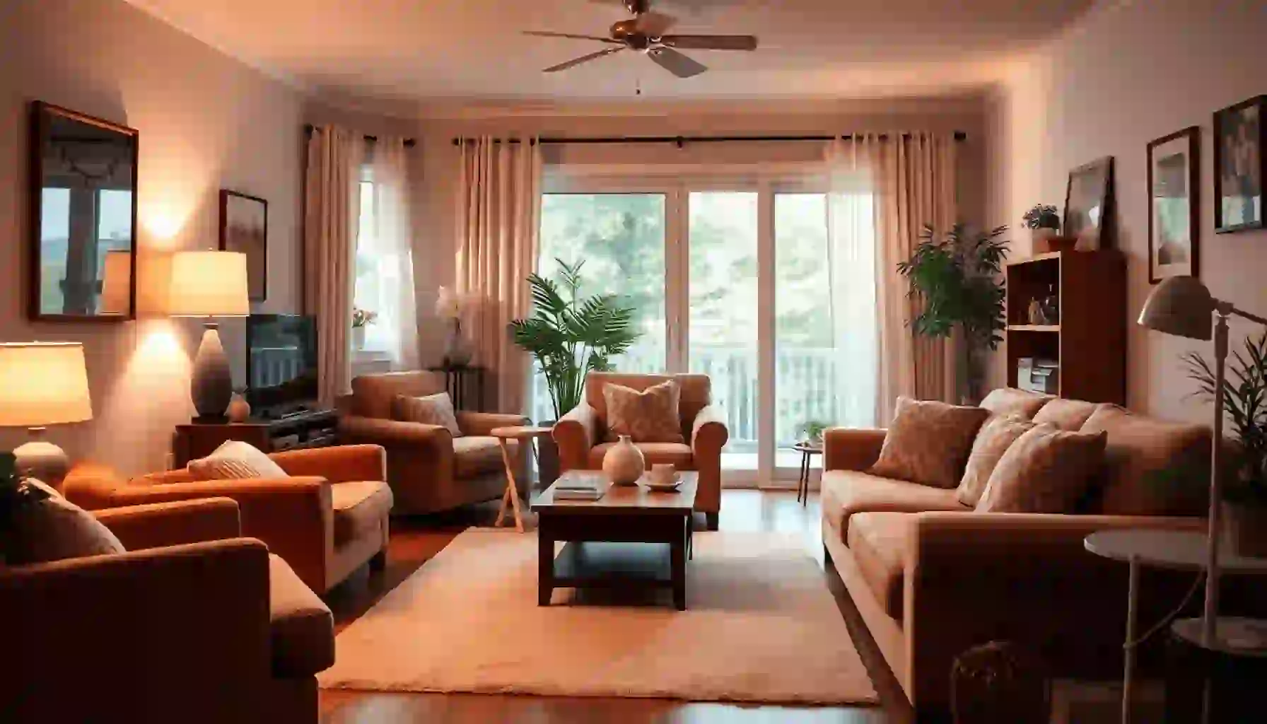 Sala de estar acogedora con muebles de apoyo, iluminación suave y sutiles ayudas médicas, creando un espacio cálido y cómodo para el cuidado de personas mayores.