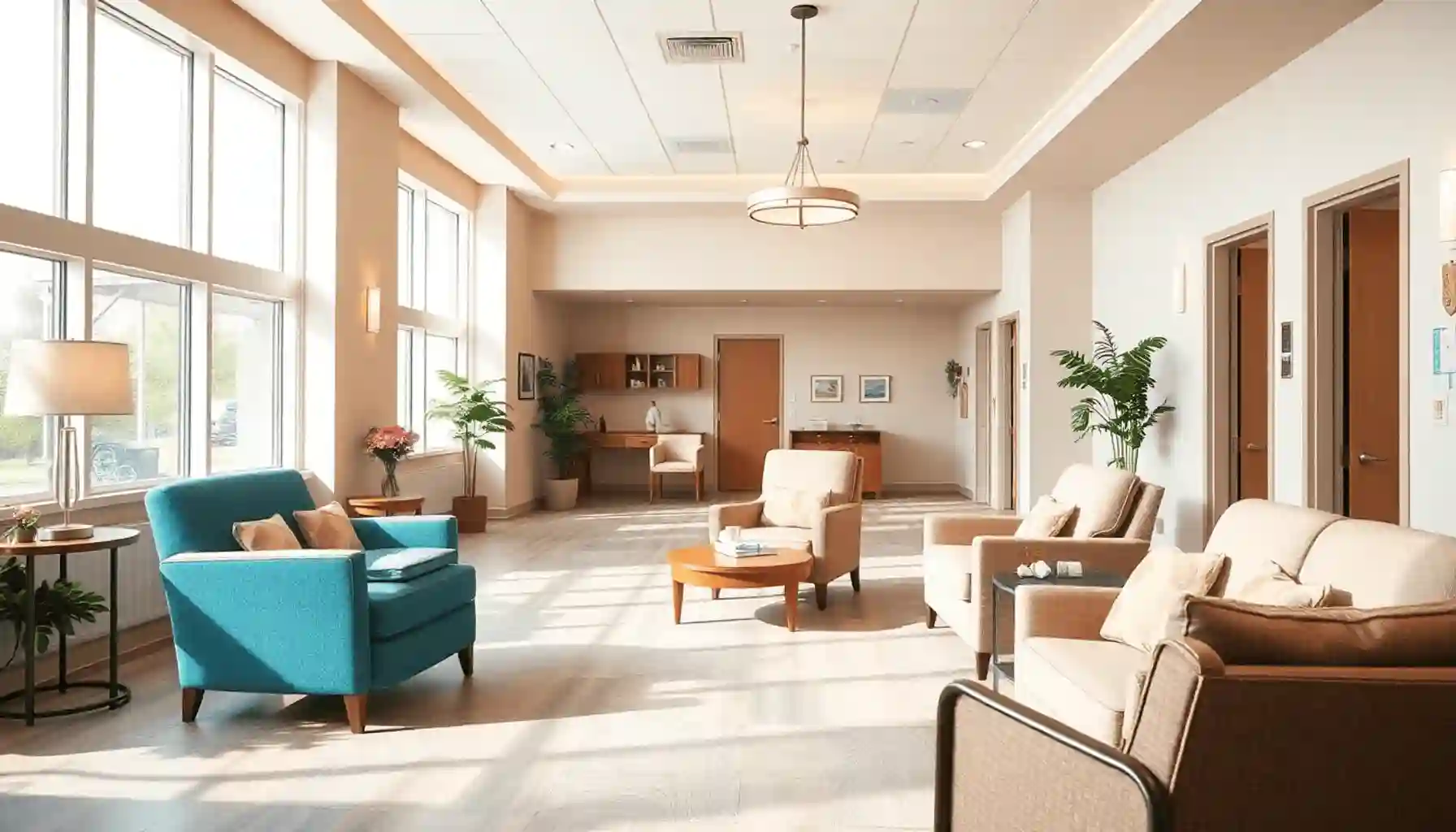 Interior de una acogedora instalación de vida para personas mayores con asientos cómodos, luz natural suave y equipo médico discreto, creando un ambiente seguro y acogedor.