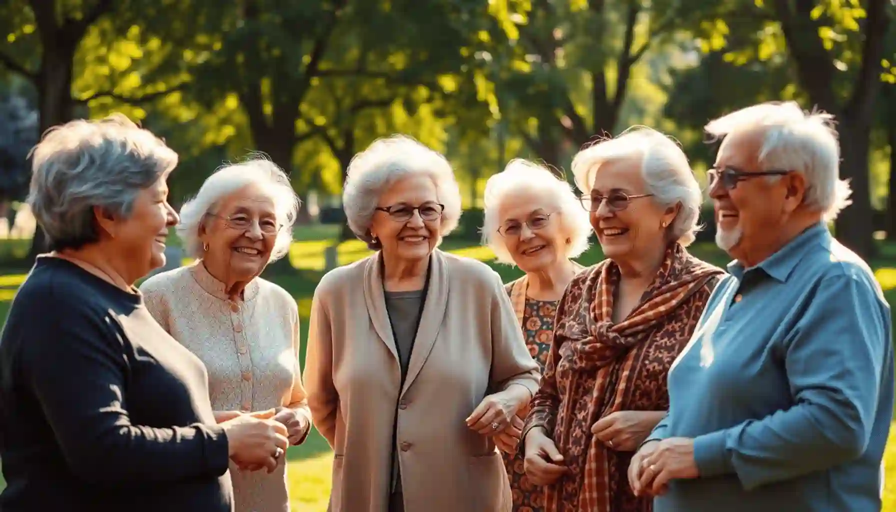 Personas mayores disfrutando felizmente de un soleado parque comunitario rodeado de vegetación, simbolizando dignidad, inclusión y envejecimiento positivo.
