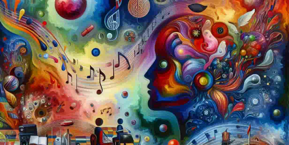 Una pintura que representa formas y patrones coloridos y abstractos que representan la fusión de sentidos como la vista, el oído y el gusto.