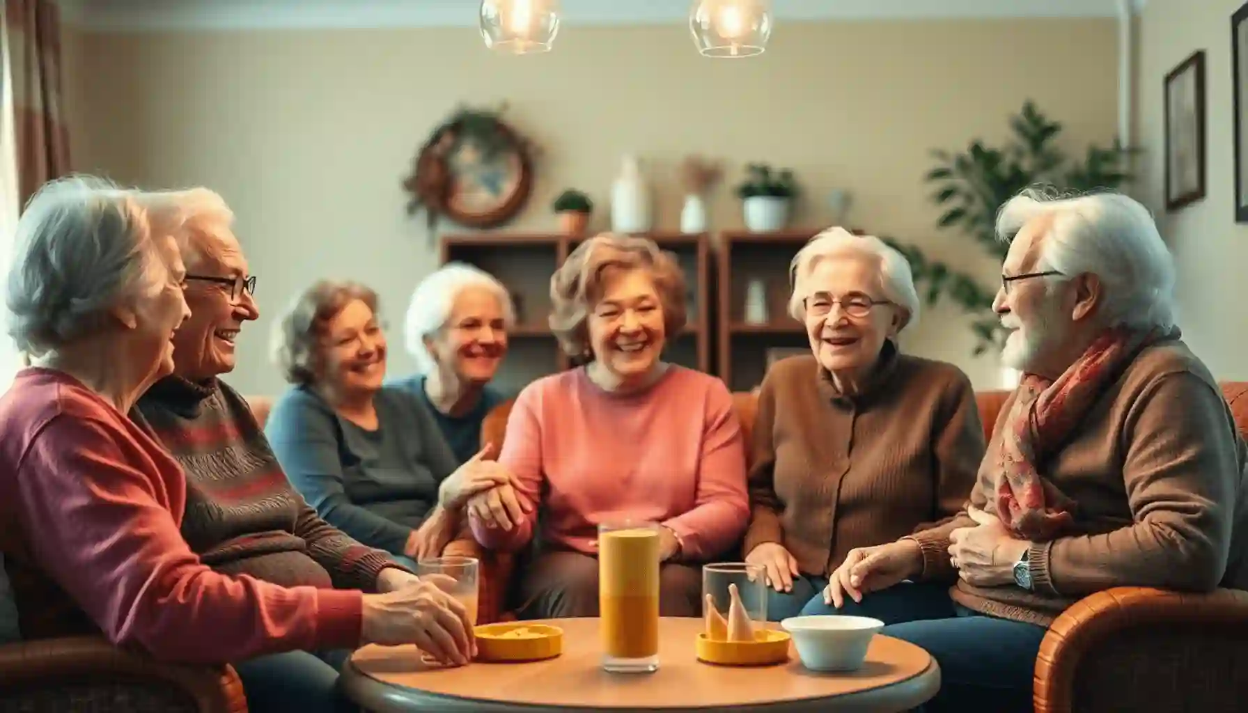 Personas mayores interactuando felizmente en una acogedora sala comunitaria, simbolizando la conexión y superando el aislamiento social.