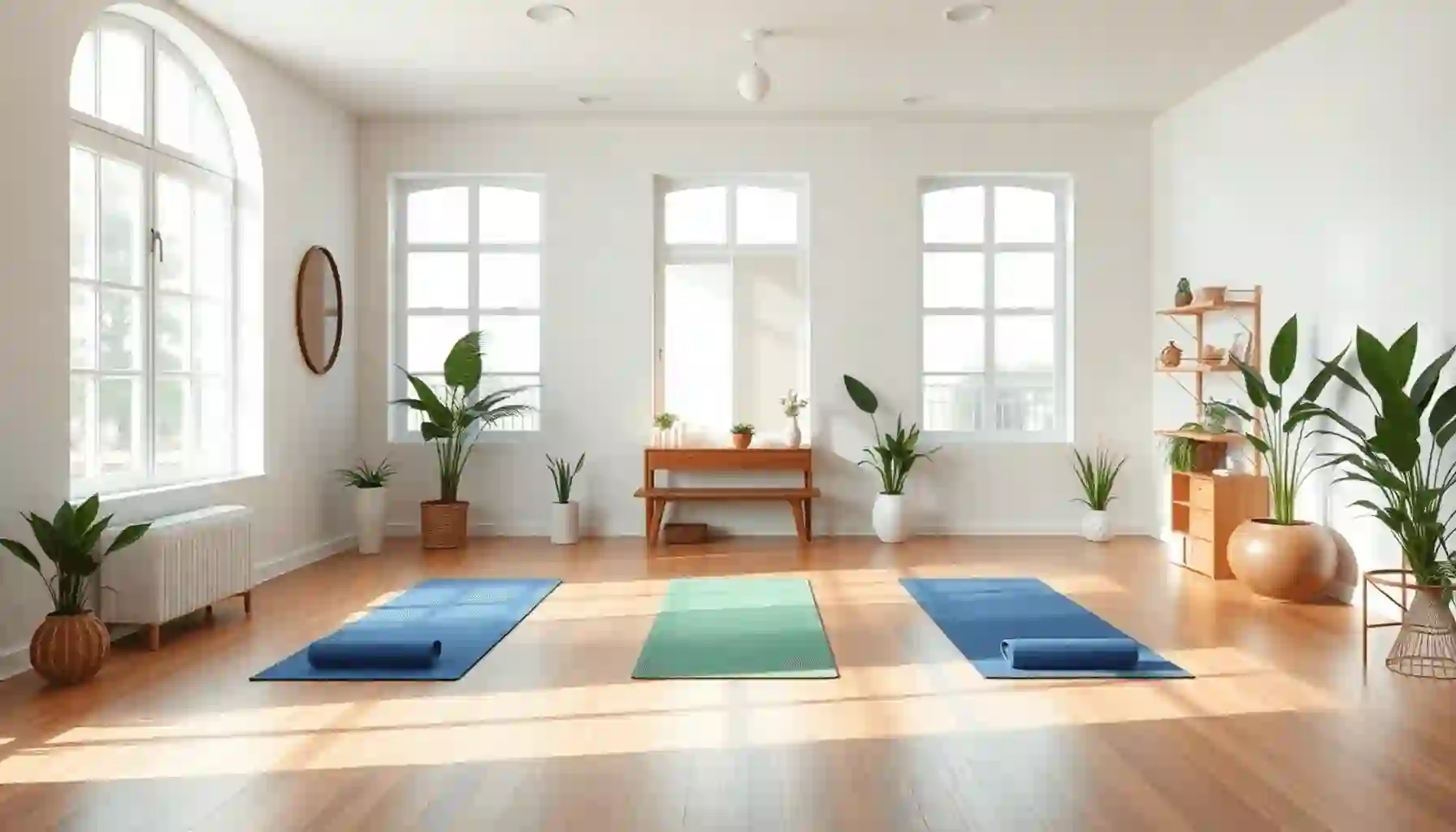 Estudio de yoga acogedor con luz natural suave, mats, plantas y decoración tranquila. Elementos que simbolizan relajación y bienestar, como velas y colores suaves.