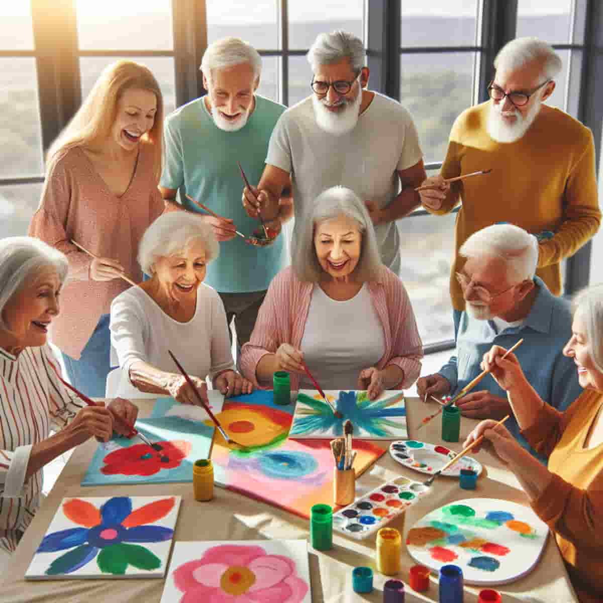 Un grupo diverso de personas mayores pintando juntas en una habitación aireada y luminosa.