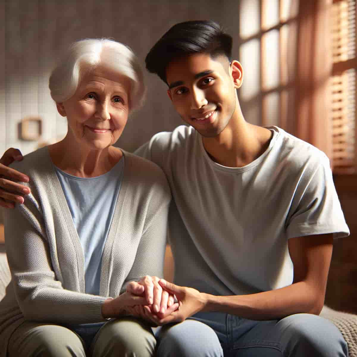 Una anciana cogida de la mano de un joven cuidador en una habitación cálidamente iluminada.