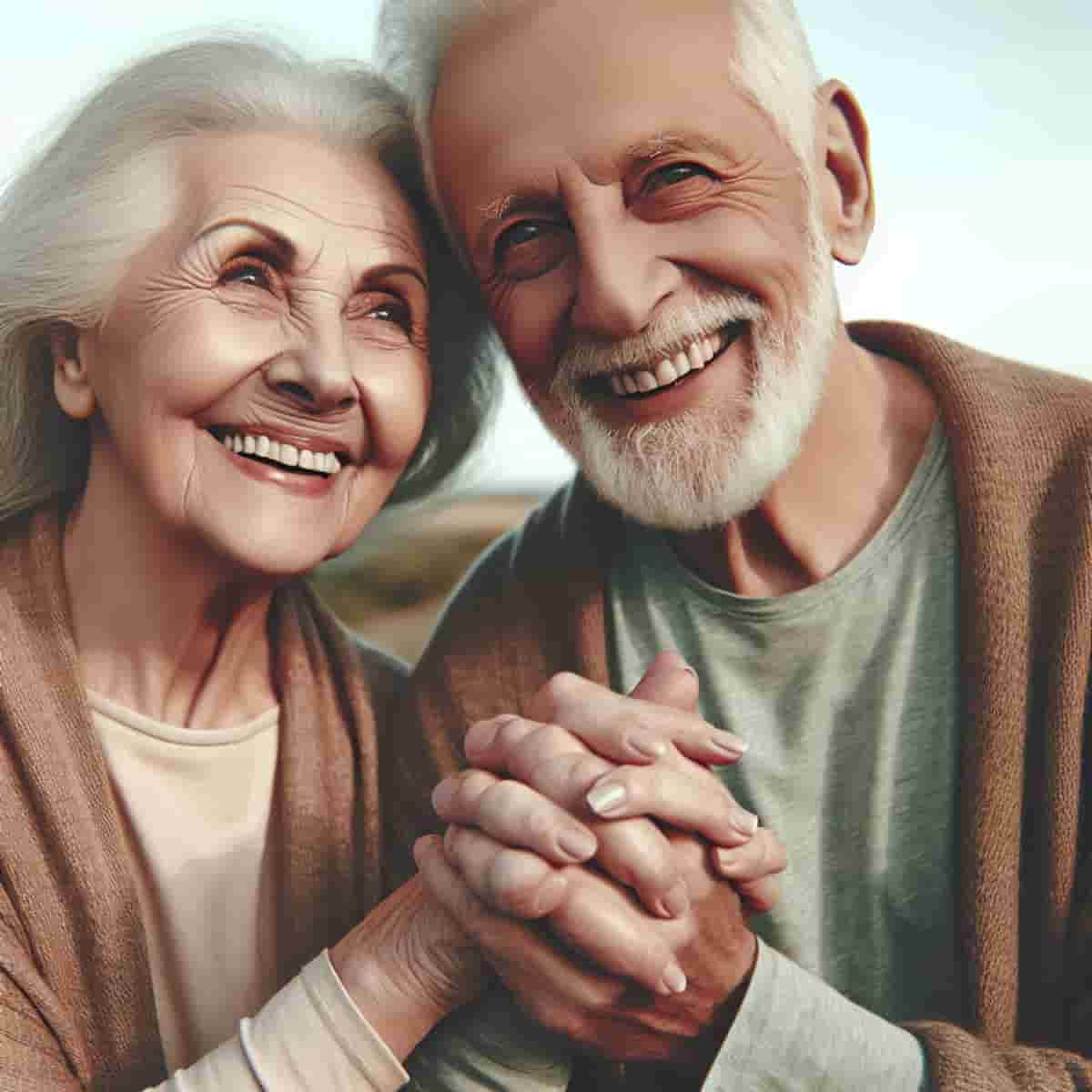 Una pareja de ancianos tomados de la mano y sonriendo cálidamente el uno al otro.