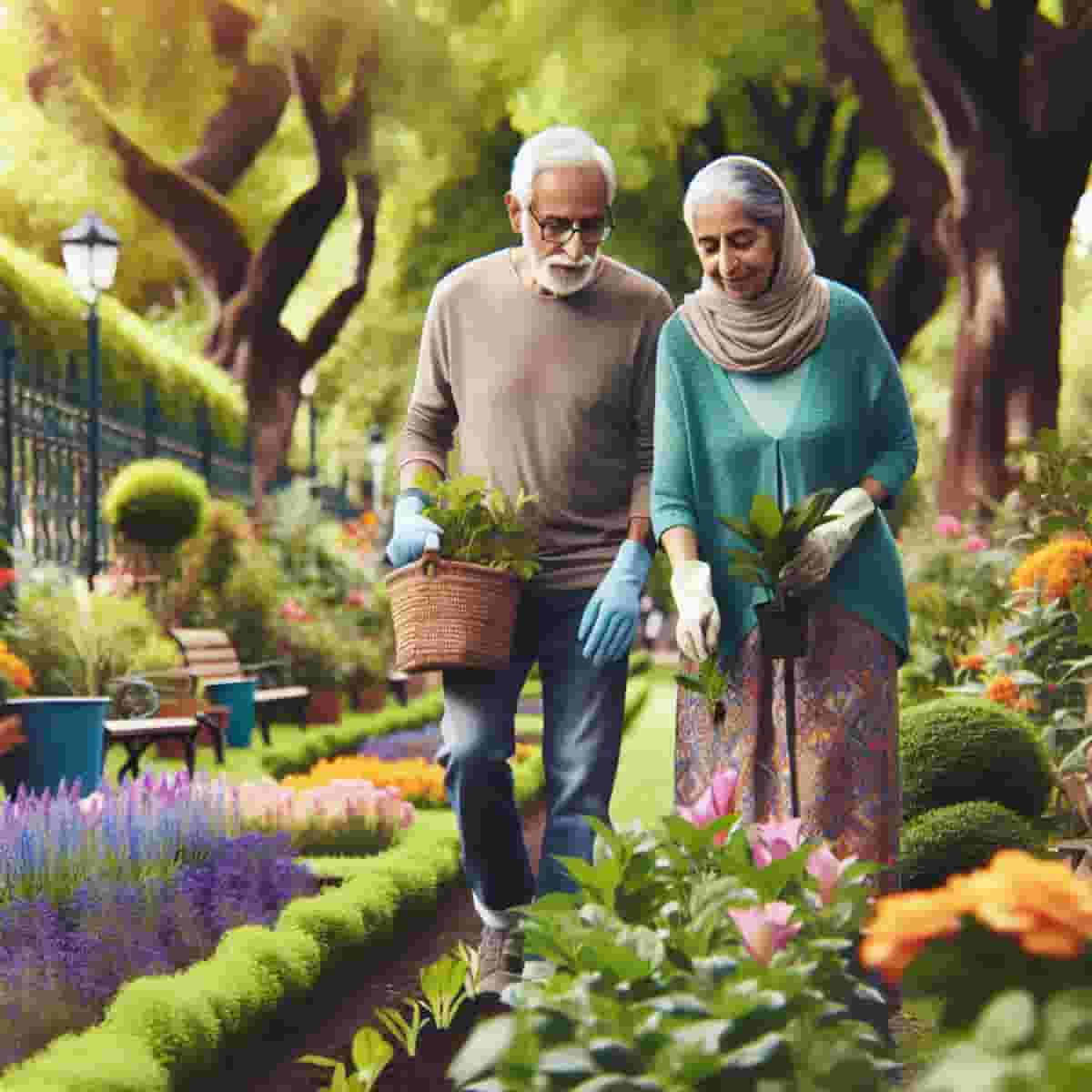 Un anciano hispano y una mujer del Medio Oriente trabajan juntos con alegría en un jardín vibrante y floreciente.